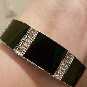 Art Deco Style Black, Silver, and Rhinestone Stretchy Bracelet